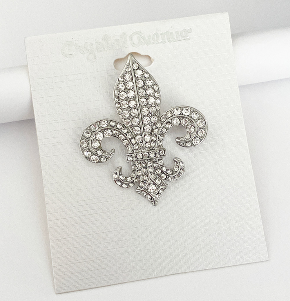 Fleur De Lis 2" Brooch Pin Silver Plated Large Rhinestone NEW Y2K Accessory
